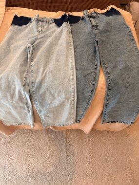 High Waist Maternity Denim Jeans with Navy Panel - Light Wash